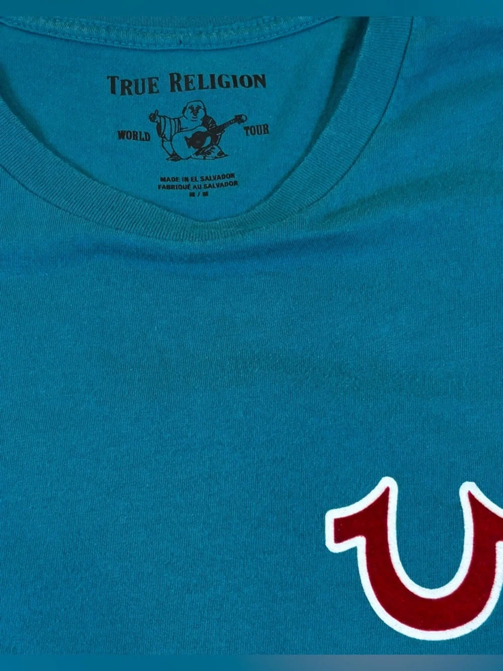 True Religion Buddha Graphic Tee Teal Blue Red Horseshoe Logo Medium